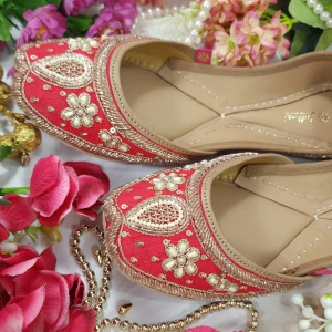 fulkari women's farisa genuine soft leather zardozi handwork embroidered jutis red gold