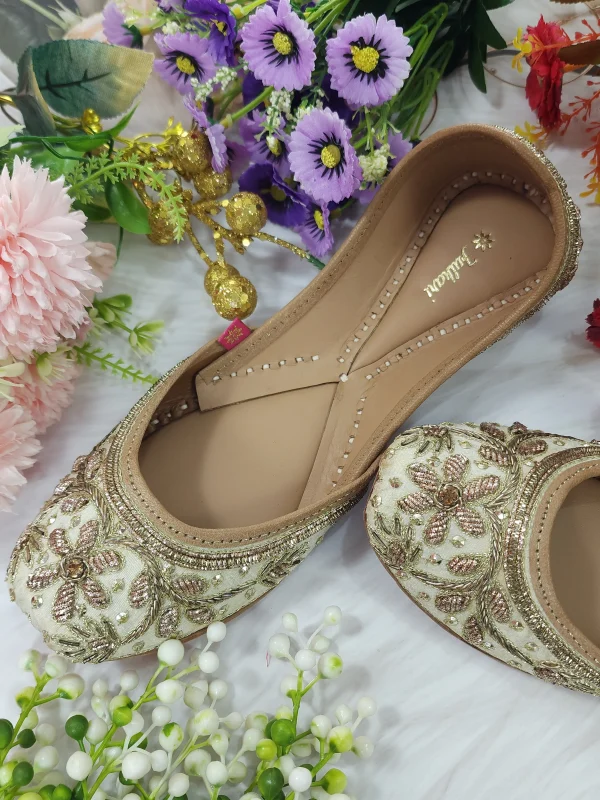 Home fulkari women's murraya genuine soft leather zardozi handwork embroidered juttis beige gold