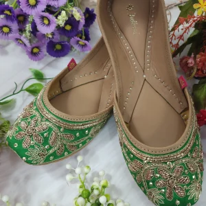 fulkari women's murraya genuine soft leather zardozi handwork embroidered juttis green gold