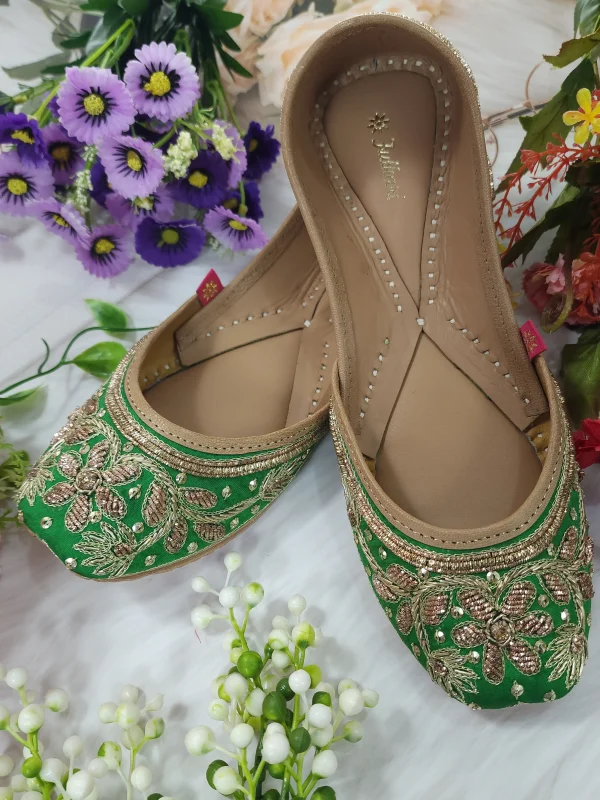 Home fulkari women's murraya genuine soft leather zardozi handwork embroidered juttis green gold