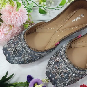fulkari women's murraya genuine soft leather zardozi handwork embroidered juttis gunmetal silver