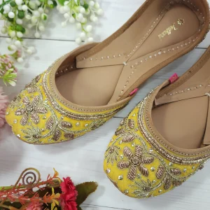 fulkari women's murraya genuine soft leather zardozi handwork embroidered juttis yellow gold